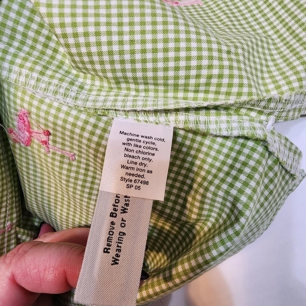 J Crew size 4 bandeau top green gingham pink flamingo embroidery
